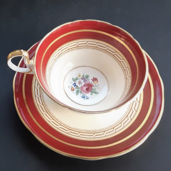 Aynsley Cup & Saucer Set Red Burgundy Floral Gold Trim Doris Shape 1930s England - Picture 5 of 10